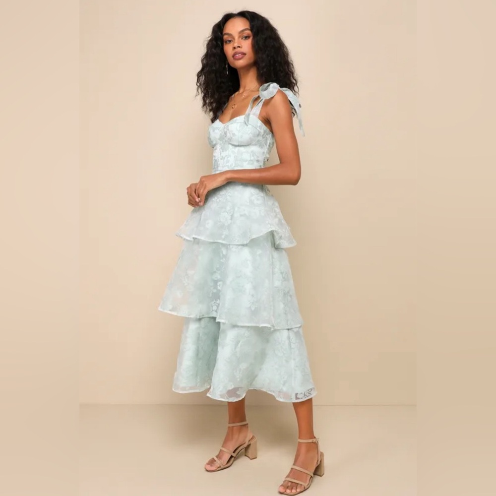 Tiered Floral Midi Dress with Tie Straps - Pale Blue